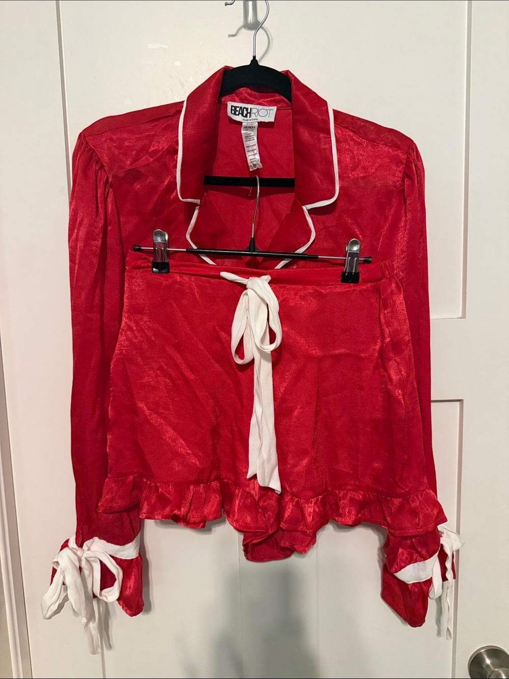 Beach Riot Red Satin Pajama Blouse with White Trim & Tie Details Size S